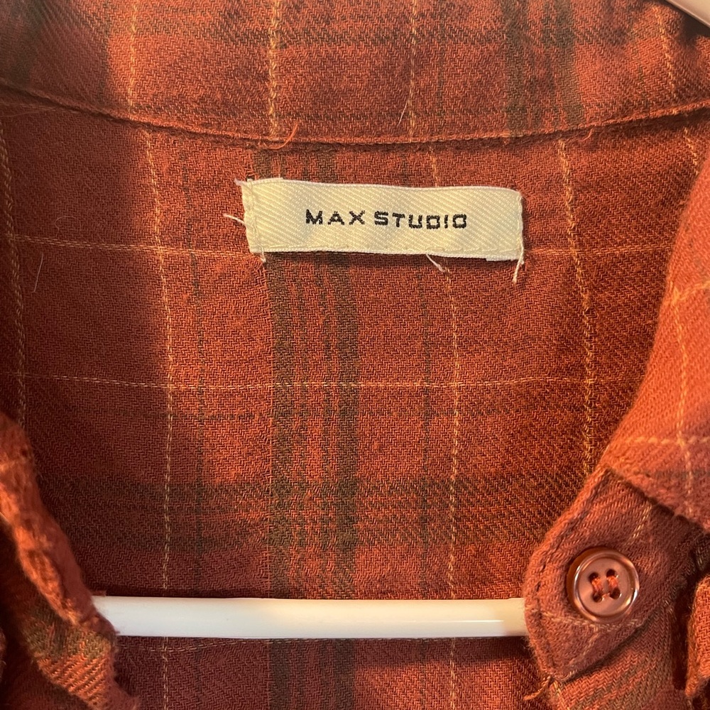 Max Studio Rust Plaid Ruffle Yoke Button-Up Blouse - Picture 16 of 16